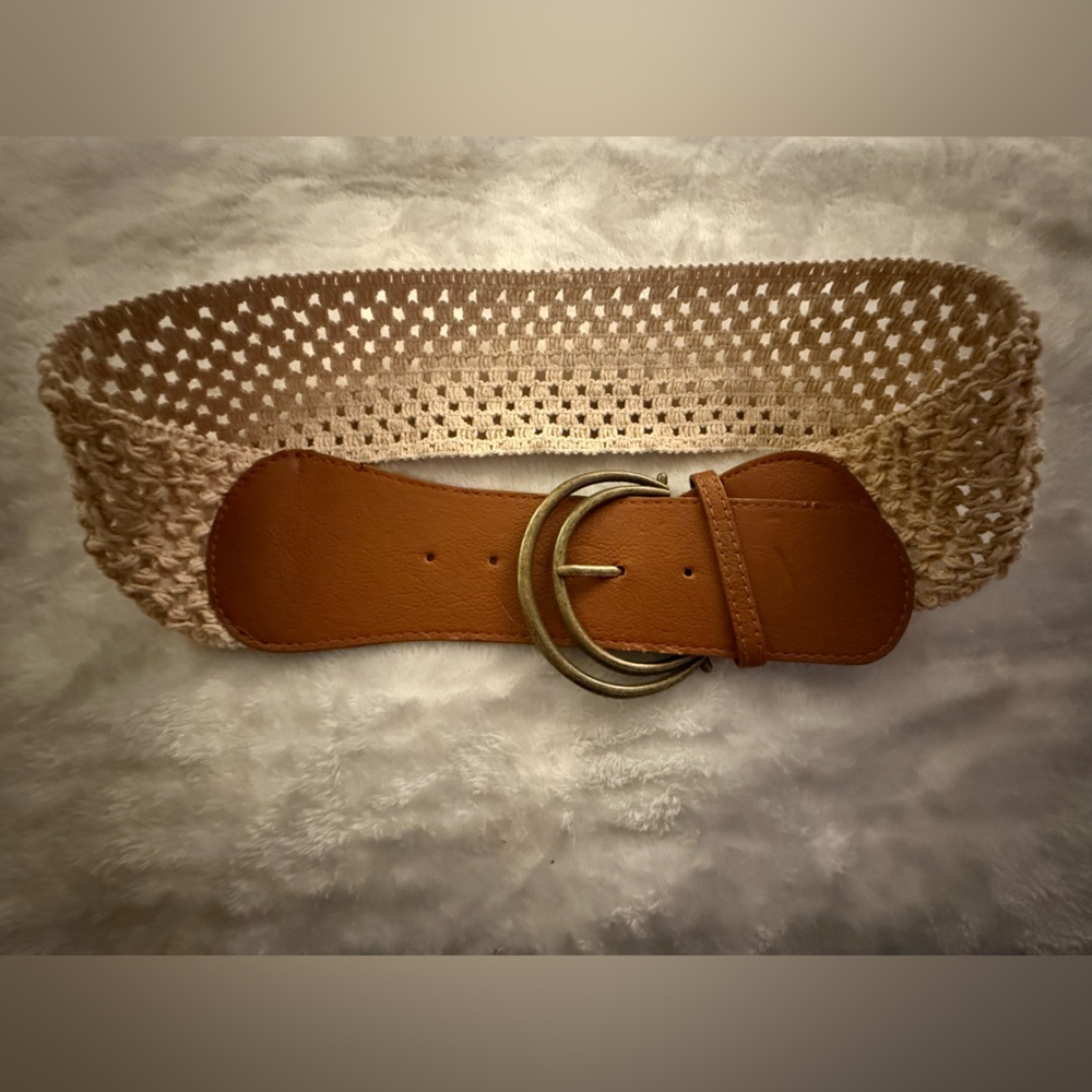 Brown  and Cream Woven Belt with Gold Buckle